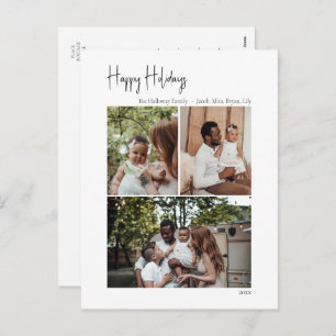 Modern Script Happy Holidays Vertical 3 Photo Holiday Postcard