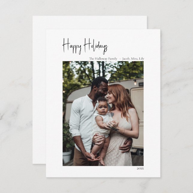 Modern Script Happy Holidays Vertical Single Photo Holiday Card (Front/Back)