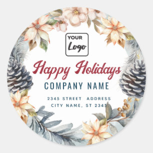 Modern script Happy Holidays wreath logo Classic Round Sticker