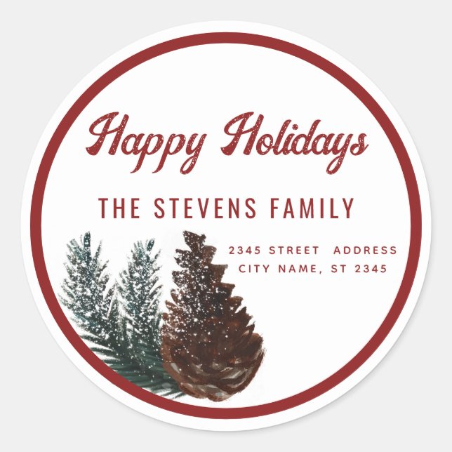 Modern script Happy Holiidays pine cone branch  Cl Classic Round Sticker (Front)
