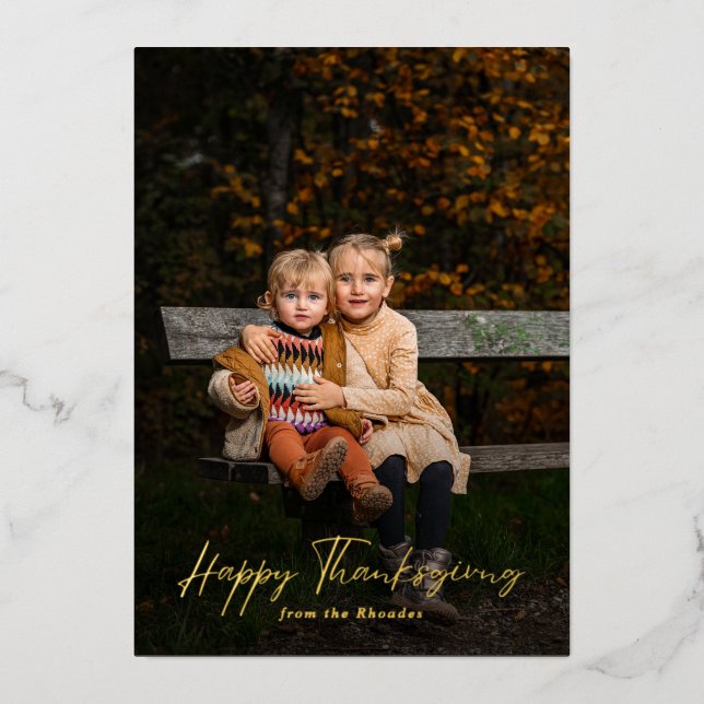 Modern Script Happy Thanksgiving Photo  Foil Holiday Card (Front)