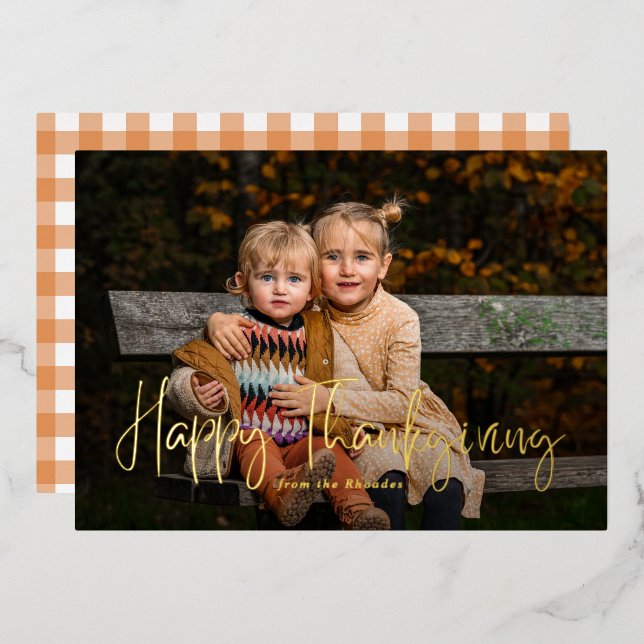 Modern Script Happy Thanksgiving Photo  Foil Holiday Card (Front/Back)