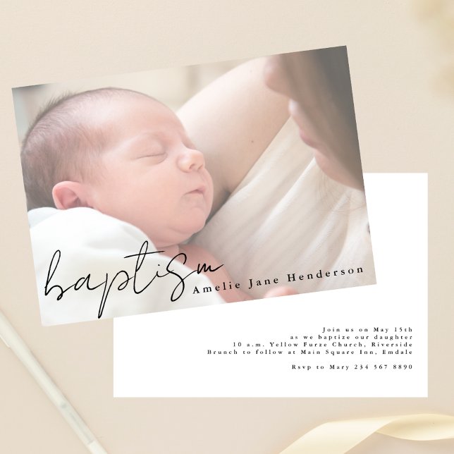 Modern Script Hazy Photo Elegant Baptism Invitation (Creator Uploaded)