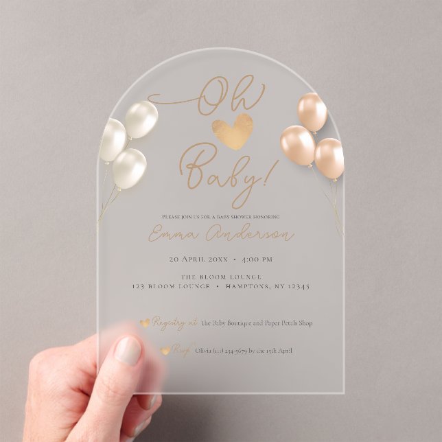 Modern Script Heart Balloons Neutral Baby Shower Acrylic Invitations (Insitu (Handheld))