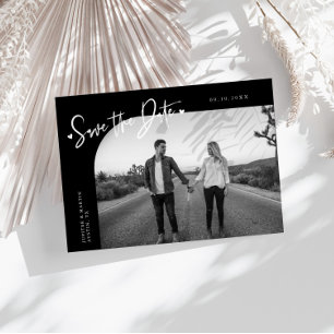 Modern Script Heart Black Curved Frame Photo Save The Date