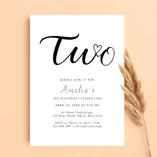  Modern Script Heart Boho Simple 2nd Birthday Invitation