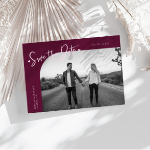 Modern Script Heart Cranberry Curved Frame Photo Save The Date