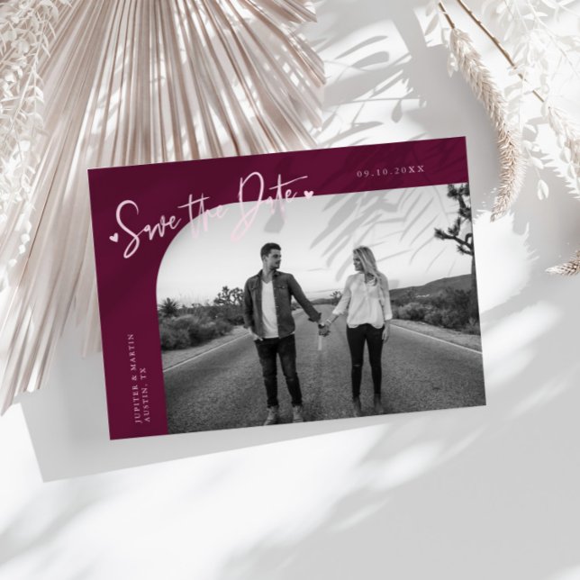 Modern Script Heart Cranberry Curved Frame Photo Save The Date (Creator Uploaded)