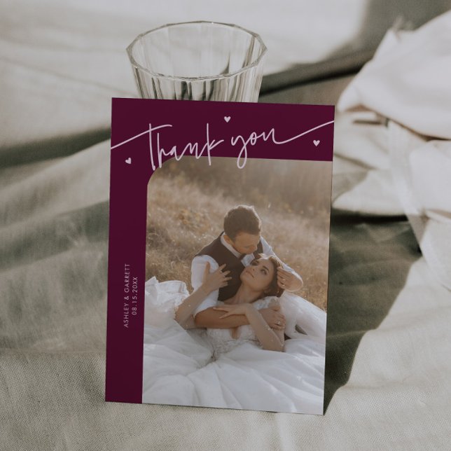 Modern Script Heart Cranberry Wedding  Thank You Card (Creator Uploaded)