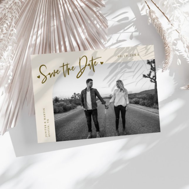 Modern Script Heart Cream Curved Frame Photo Save The Date (Creator Uploaded)