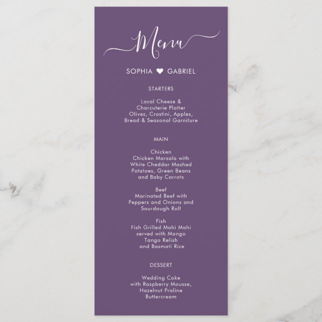 Modern Script Heart Mauve Purple Wedding Menu Card (Front)