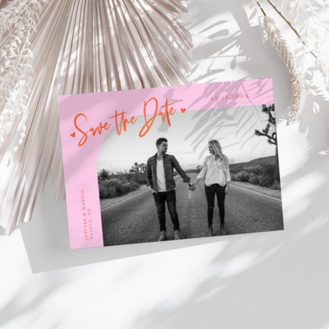 Modern Script Heart Orange Pink Curved Frame Photo Save The Date (Creator Uploaded)