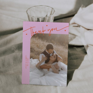 Modern Script Heart Orange Pink Wedding Thank You Card