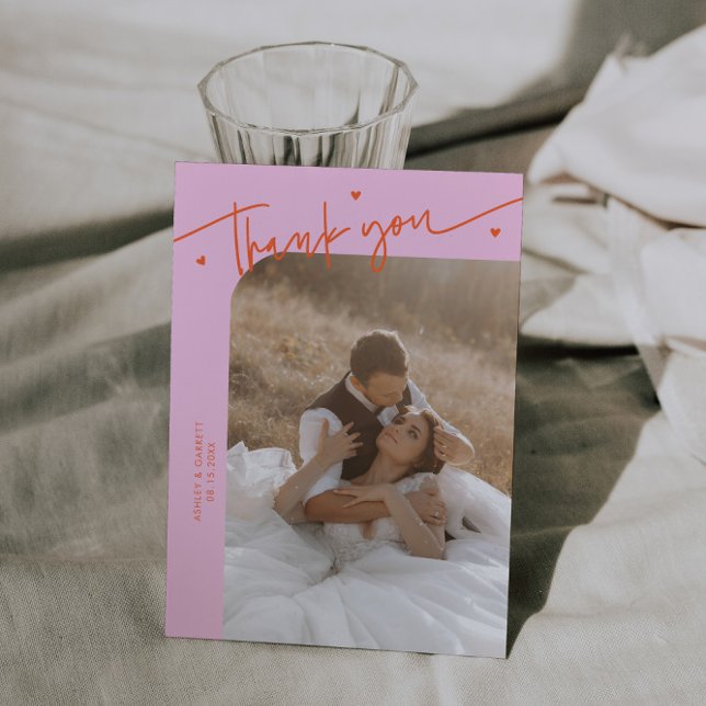 Modern Script Heart Orange Pink Wedding  Thank You Card (Creator Uploaded)