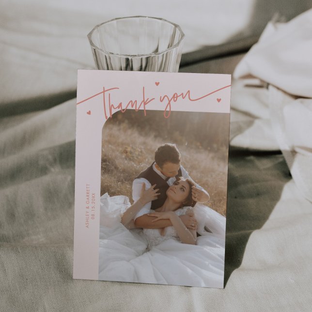 Modern Script Heart Peach Wedding  Thank You Card (Creator Uploaded)