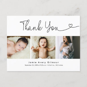 Modern Script heart photo collage baby thank you Postcard