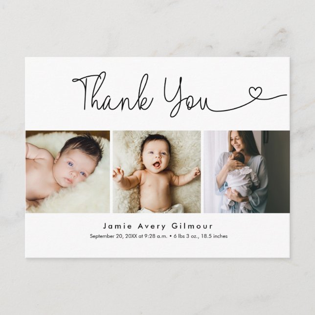 Modern Script heart photo collage baby thank you Postcard (Front)