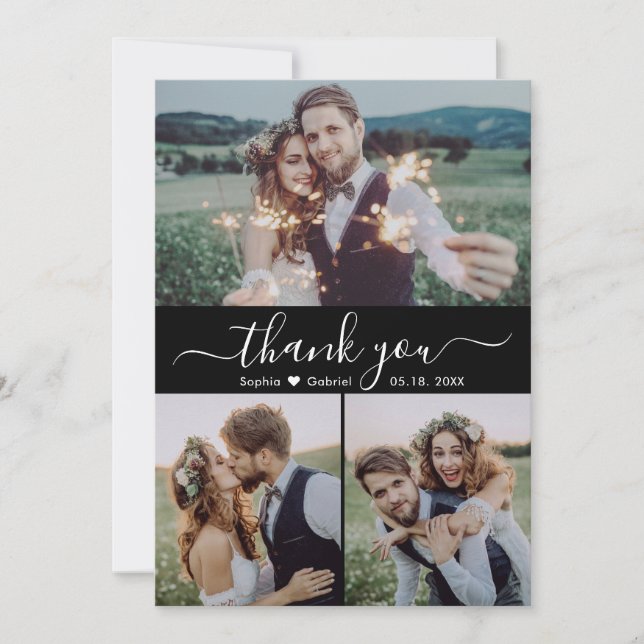 Modern Script Heart Photo Collage Black Wedding Thank You Card (Front)