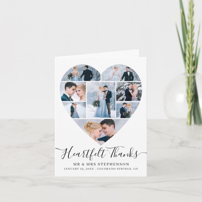 Modern Script Heart Photo Collage Love Wedding Thank You Card (Front)