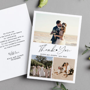 Modern script heart photo collage wedding thank you card