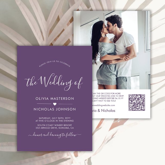 Modern Script Heart Purple QR Code Photo Wedding Invitation (Creator Uploaded)