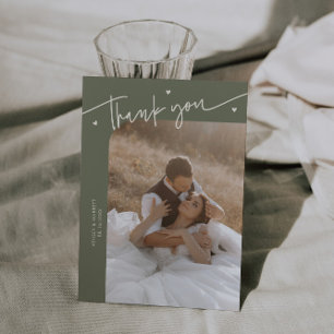 Modern Script Heart Sage Green Wedding Thank You Card