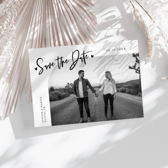 Modern Script Heart White Curved Frame Photo Save The Date (Creator Uploaded)
