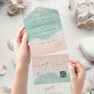 Modern Script Hearts in the sand Beach wedding  All In One Invitation