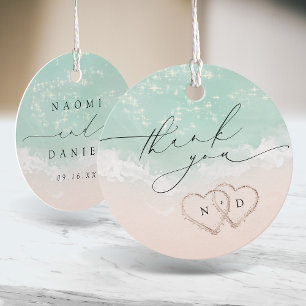 Modern Script Hearts in the sand Beach Wedding Favour Tags