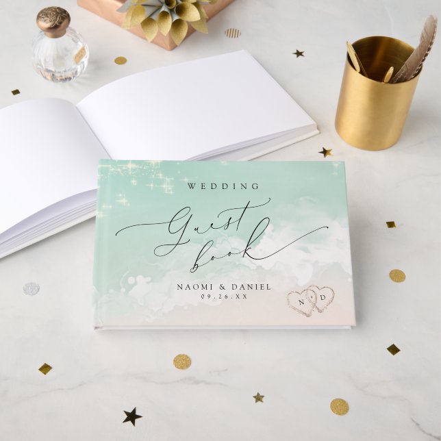 Modern Script Hearts In The Sand Beach Wedding  Guest Book (Front Open)