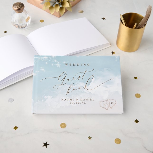 Modern Script Hearts In The Sand Beach Wedding  Guest Book (Front Open)