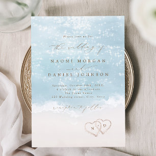 Modern Script Hearts In The Sand Beach Wedding Invitation