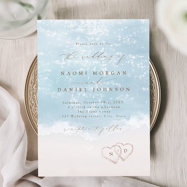 Modern Script Hearts In The Sand Beach Wedding  Invitation (Modern Script Hearts In The Sand Beach Wedding Invitation)