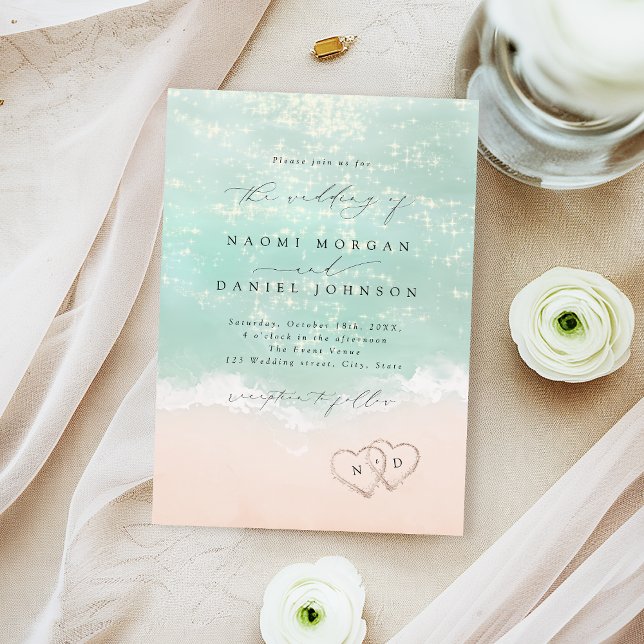Modern Script Hearts In The Sand Beach Wedding  Invitation (Modern Script Hearts In The Sand Beach Wedding Invitation)