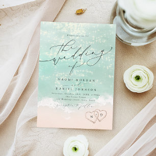 Modern Script Hearts In The Sand Beach Wedding  Invitation