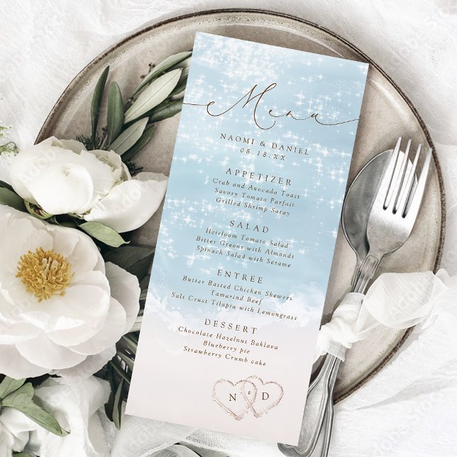 Modern Script Hearts In The Sand Beach Wedding  Menu (Modern Script Hearts In The Sand Beach Wedding Menu)