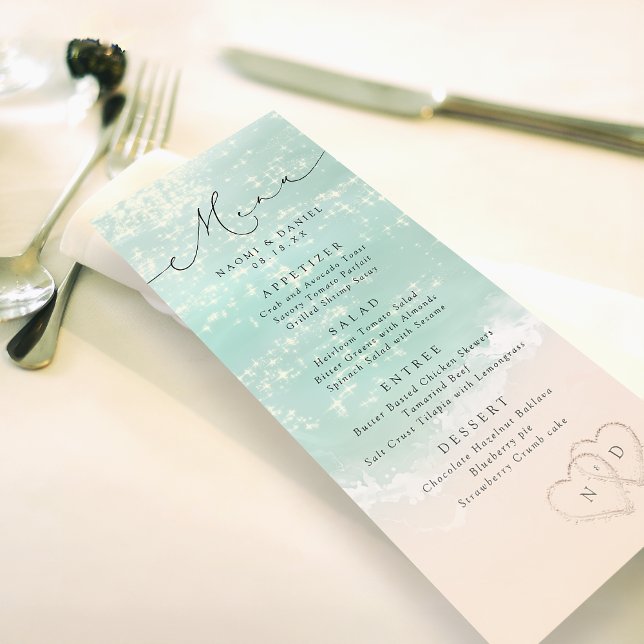 Modern Script Hearts In The Sand Beach Wedding  Menu (Modern Script Hearts In The Sand Beach Wedding Menu)