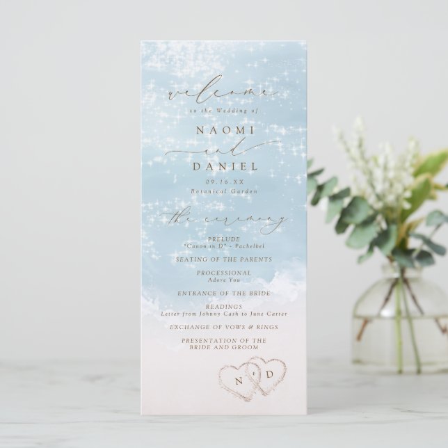 Modern Script Hearts In The Sand Beach Wedding  Programme (Standing Front)