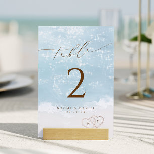 Modern Script Hearts In The Sand Beach Wedding  Table Number