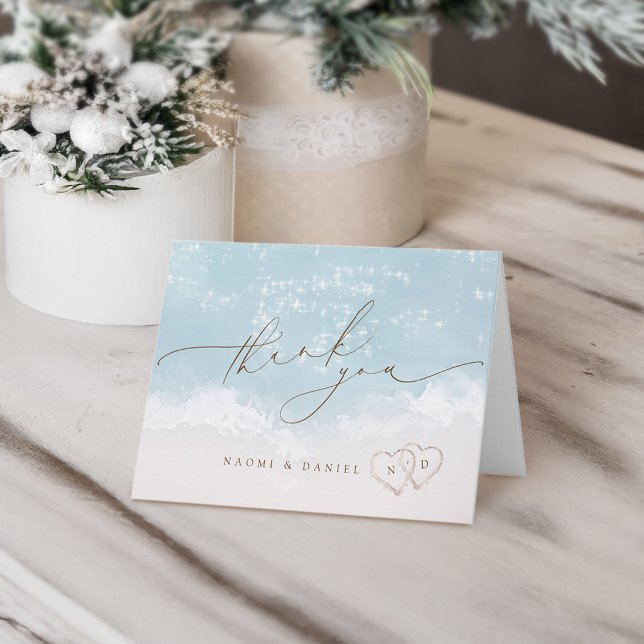 Modern Script Hearts In The Sand Beach Wedding  Thank You Card (Modern Script Hearts In The Sand Beach Wedding Letterpress Thank You Card)