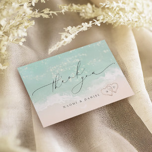 Modern Script Hearts In The Sand Beach Wedding  Thank You Card