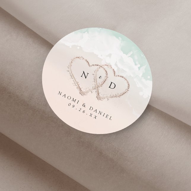 Modern Script Hearts Monogram Beach Wedding Favour Classic Round Sticker (Modern Script Hearts Monogram Beach Wedding Favors Classic Round Sticker)