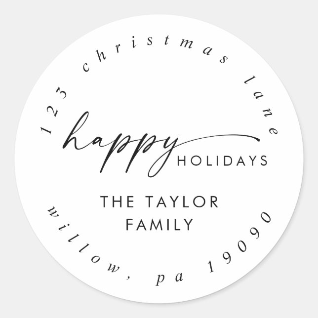 Modern Script Holiday Circular Return Address Classic Round Sticker (Front)
