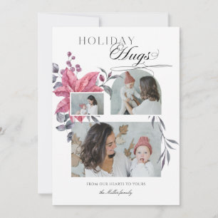 Modern Script Holiday Hugs 3-Photo Floral Card