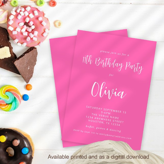 Modern Script Hot Pink 11th Birthday Party Invitation (Available digitally and printed)