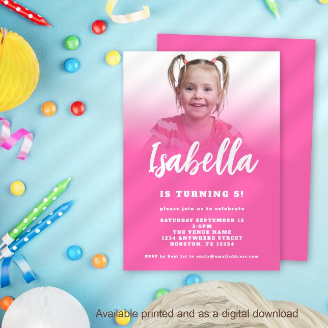 Modern Script Hot Pink Photo 5th Birthday Party Invitation (Available digitally and printed)