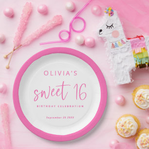 Modern Script Hot Pink Sweet 16 Birthday Party Paper Plate