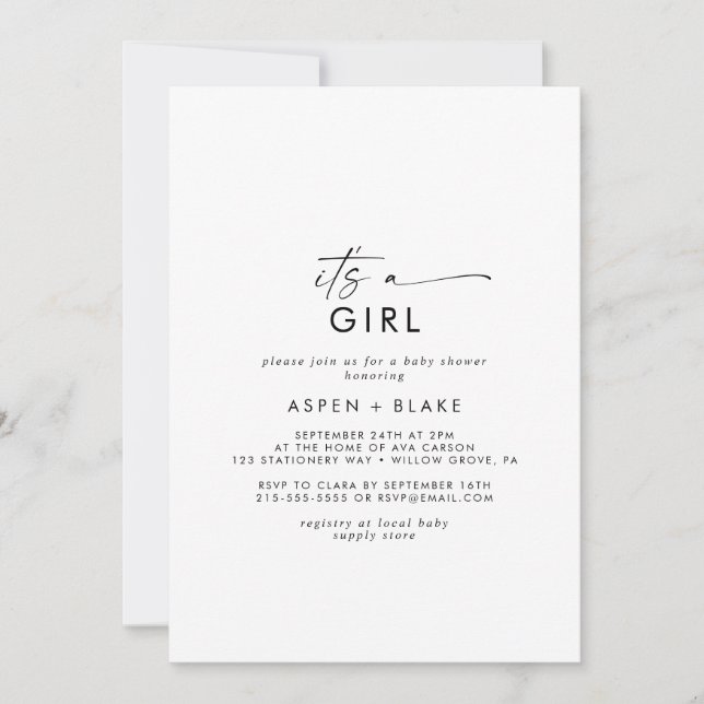 Modern Script It's A Girl Baby Shower Invitation (Front)