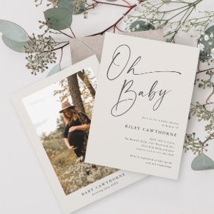 Modern Script Ivory Photo Baby Shower Invitation