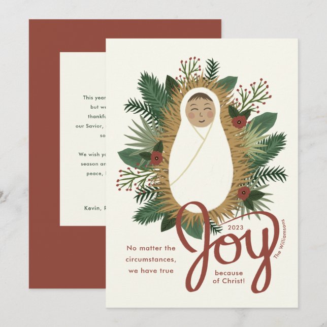 Modern Script Joy Baby Jesus Nativity Christmas Holiday Card (Front/Back)